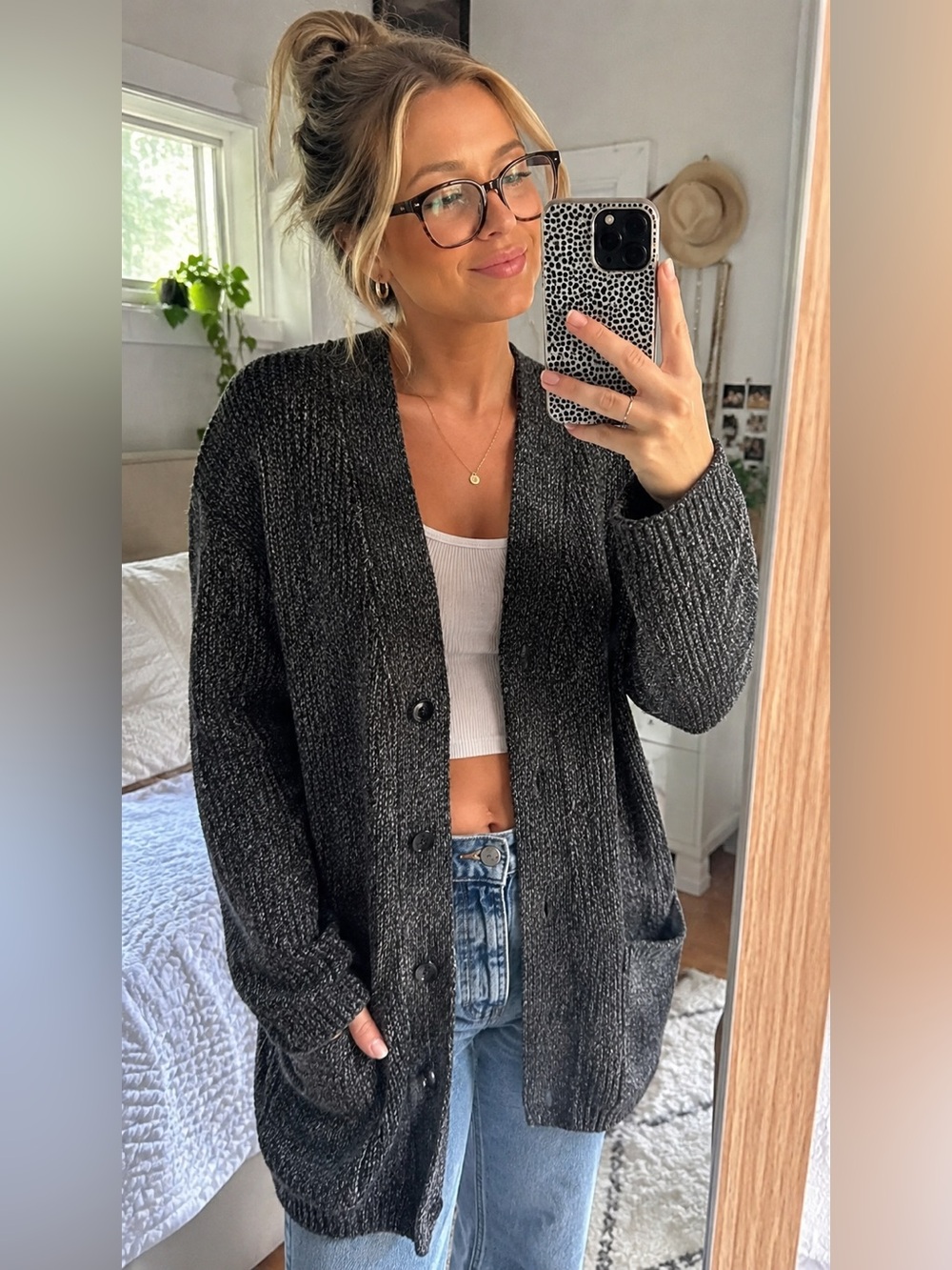 Old Navy Marled Charcoal Gray Oversized Boyfriend Cardigan Sweater Size LARGE